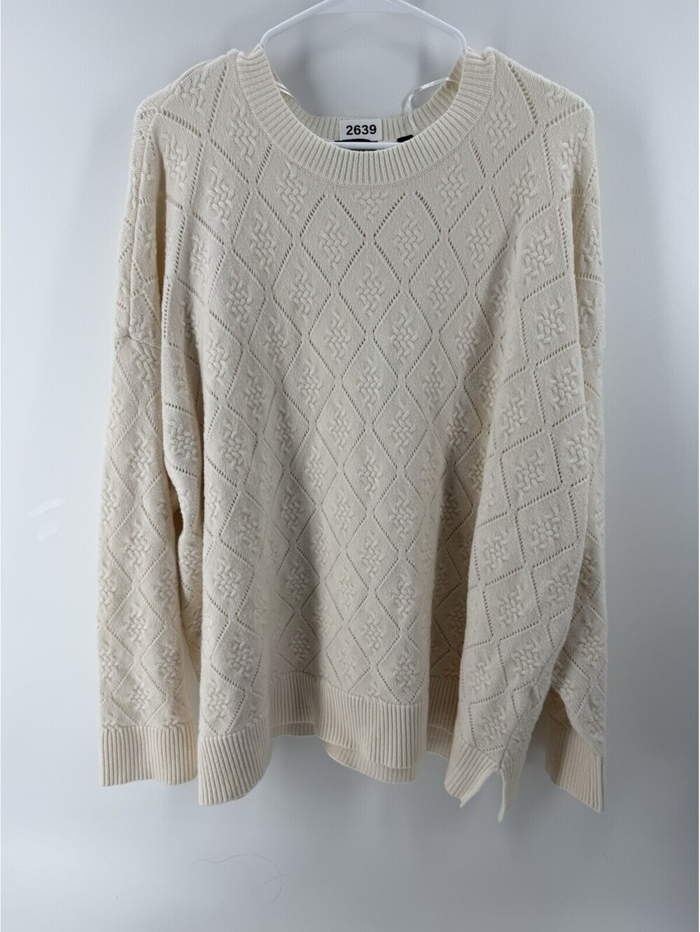Cyrus Sweater Womens 3X White Open Knit Diamond Crew Neck Long Sleeve Pullover